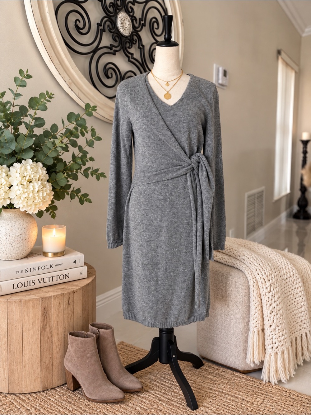 Peruvian Connection Royal Alpaca Faux Wrap Sweater Dress Gray M